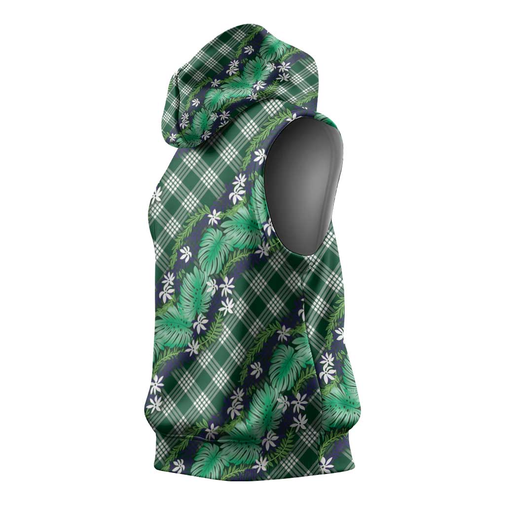Polynesian Monstera Tiare Floral Sleeveless Hoodie Forest Green Tropical Plaid LT01 - Polynesian Pride