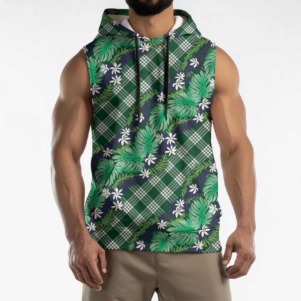 Polynesian Monstera Tiare Floral Sleeveless Hoodie Forest Green Tropical Plaid LT01 - Polynesian Pride