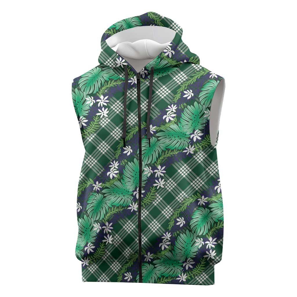 Polynesian Monstera Tiare Floral Sleeveless Zip Hoodie Forest Green Tropical Plaid LT01 Green - Polynesian Pride