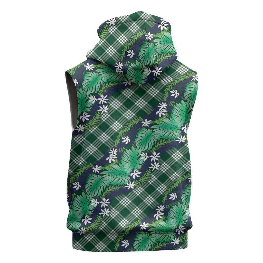 Polynesian Monstera Tiare Floral Sleeveless Zip Hoodie Forest Green Tropical Plaid LT01 - Polynesian Pride