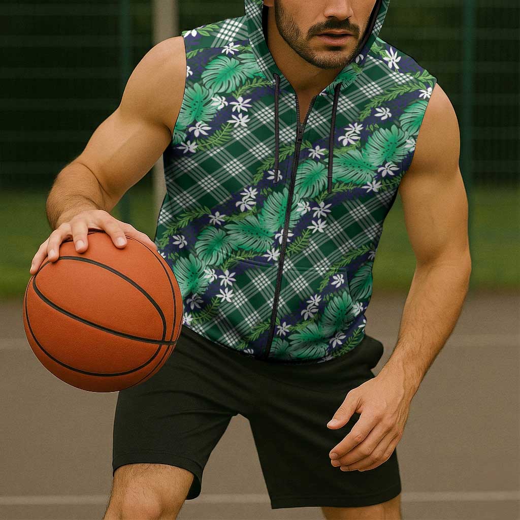 Polynesian Monstera Tiare Floral Sleeveless Zip Hoodie Forest Green Tropical Plaid LT01 - Polynesian Pride