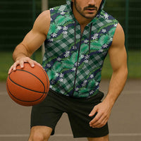Polynesian Monstera Tiare Floral Sleeveless Zip Hoodie Forest Green Tropical Plaid LT01 - Polynesian Pride