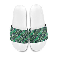 Polynesian Monstera Tiare Floral Slide Sandals Forest Green Tropical Plaid - Polynesian Pride