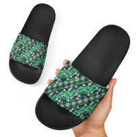 Polynesian Monstera Tiare Floral Slide Sandals Forest Green Tropical Plaid - Polynesian Pride