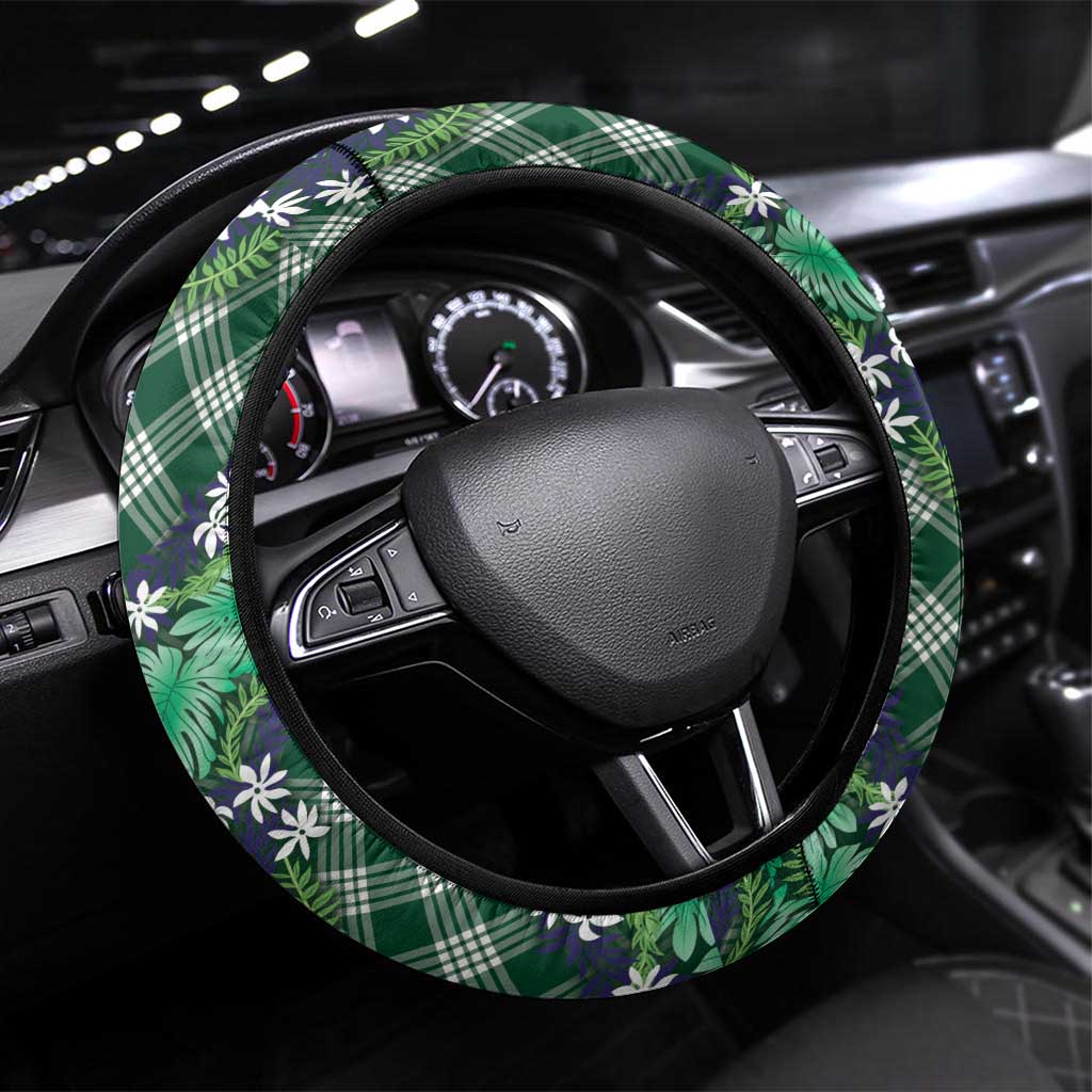 Polynesian Monstera Tiare Floral Steering Wheel Cover Forest Green Tropical Plaid LT01 Universal Fit Green - Polynesian Pride