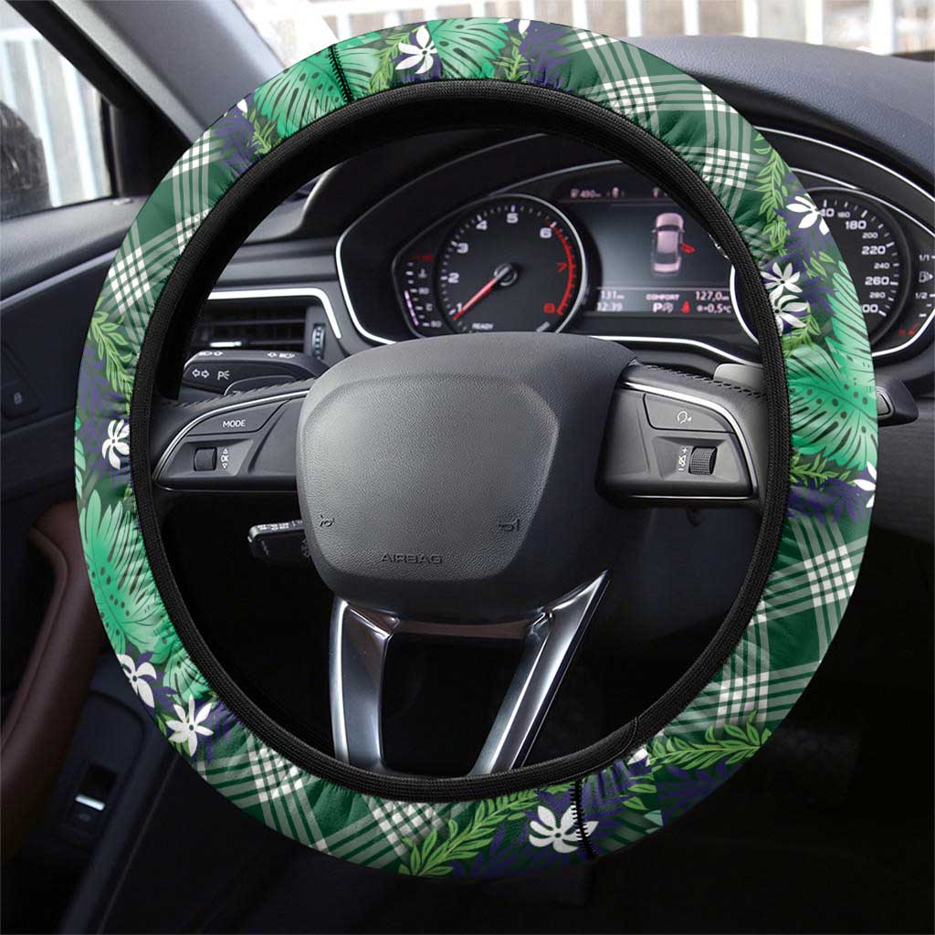 Polynesian Monstera Tiare Floral Steering Wheel Cover Forest Green Tropical Plaid LT01 - Polynesian Pride