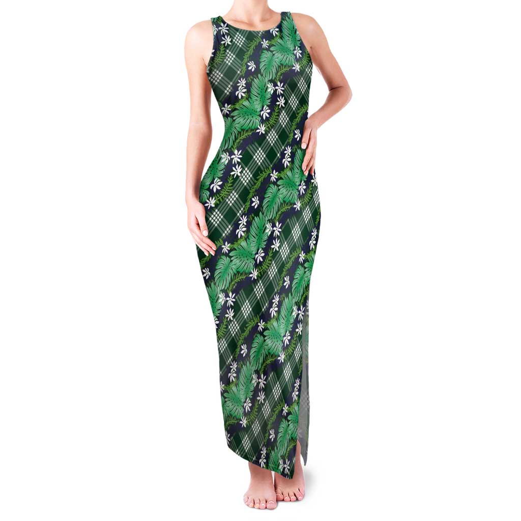 Polynesian Monstera Tiare Floral Tank Maxi Dress Forest Green Tropical Plaid LT01 Women Green - Polynesian Pride