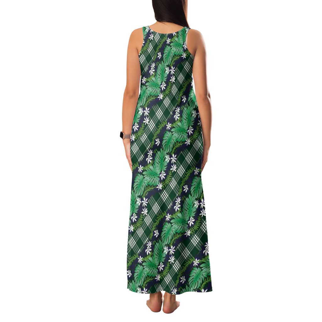 Polynesian Monstera Tiare Floral Tank Maxi Dress Forest Green Tropical Plaid LT01 - Polynesian Pride