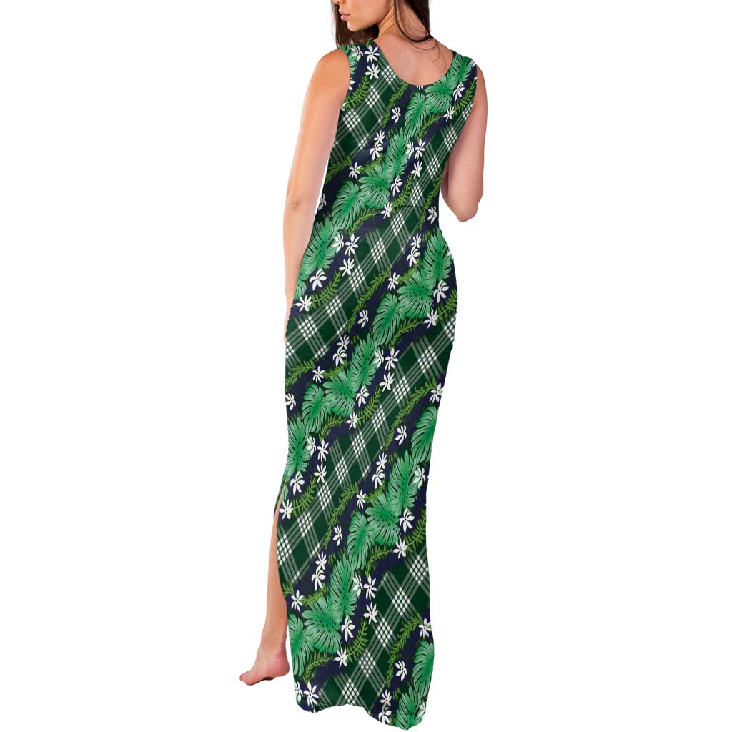 Polynesian Monstera Tiare Floral Tank Maxi Dress Forest Green Tropical Plaid LT01 - Polynesian Pride
