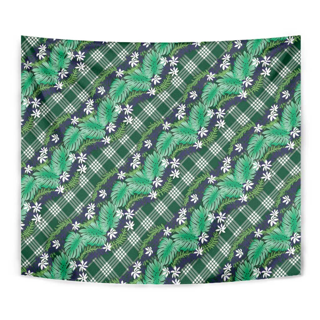 Polynesian Monstera Tiare Floral Tapestry Forest Green Tropical Plaid - Polynesian Pride
