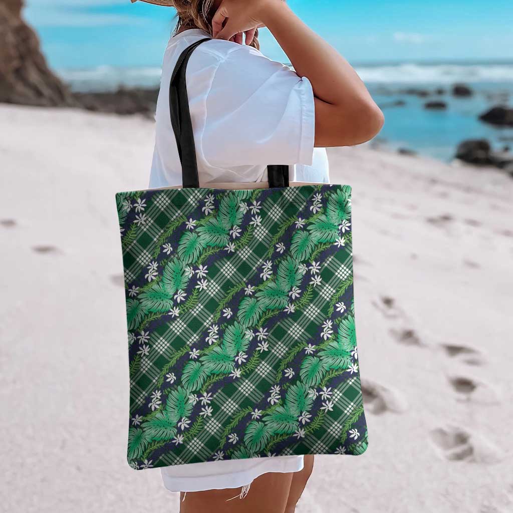 Polynesian Monstera Tiare Floral Tote Bag Forest Green Tropical Plaid - Polynesian Pride