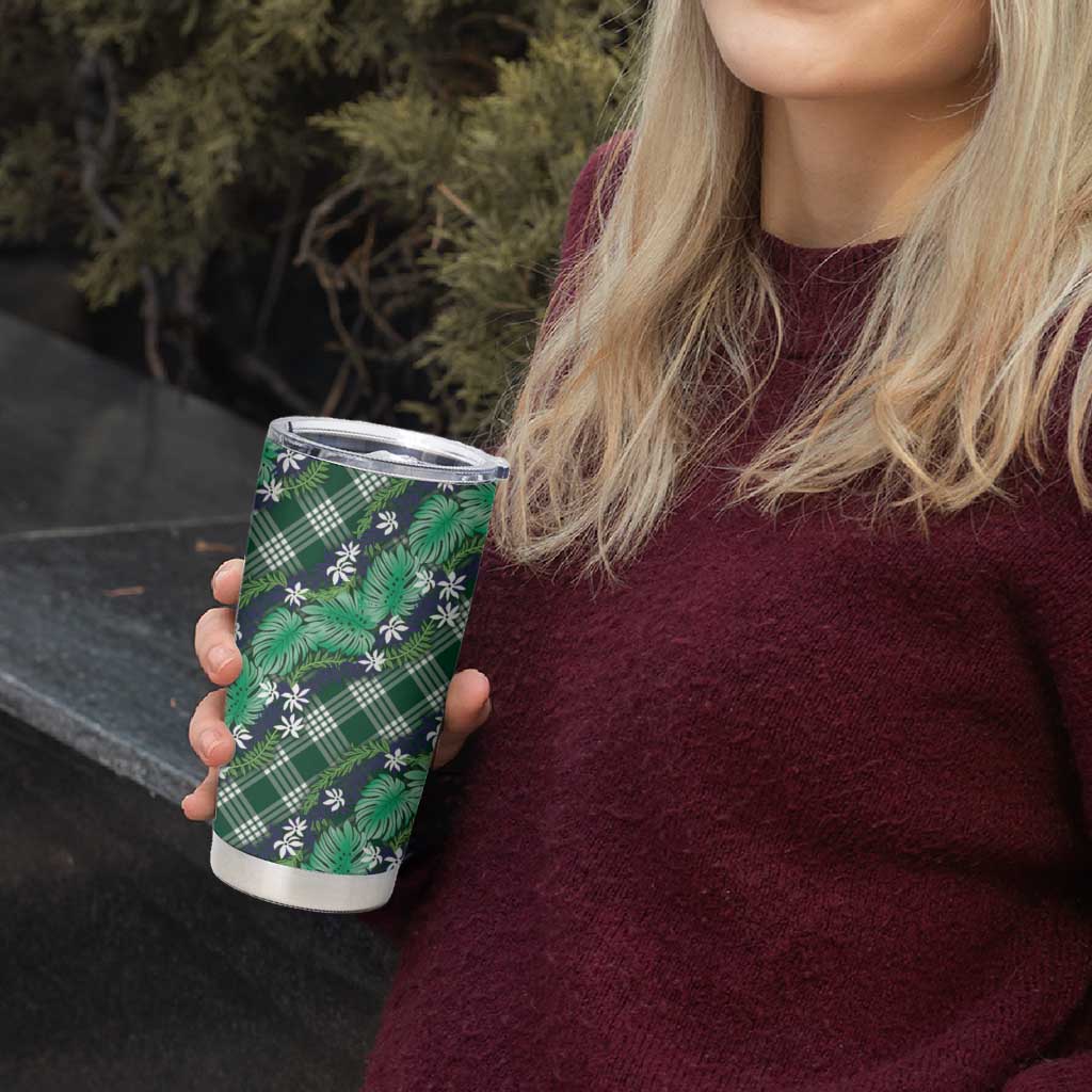 Polynesian Monstera Tiare Floral Tumbler Cup Forest Green Tropical Plaid LT01 - Polynesian Pride