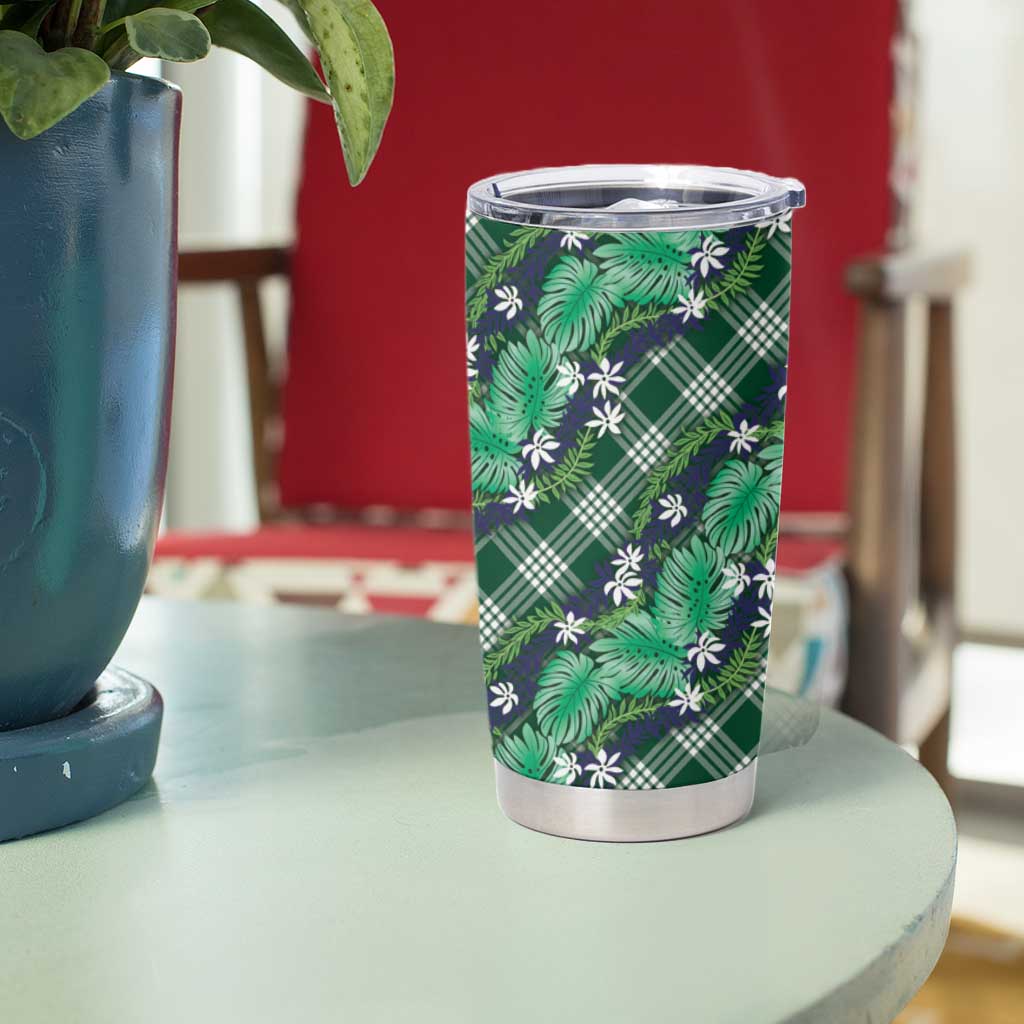 Polynesian Monstera Tiare Floral Tumbler Cup Forest Green Tropical Plaid LT01 - Polynesian Pride