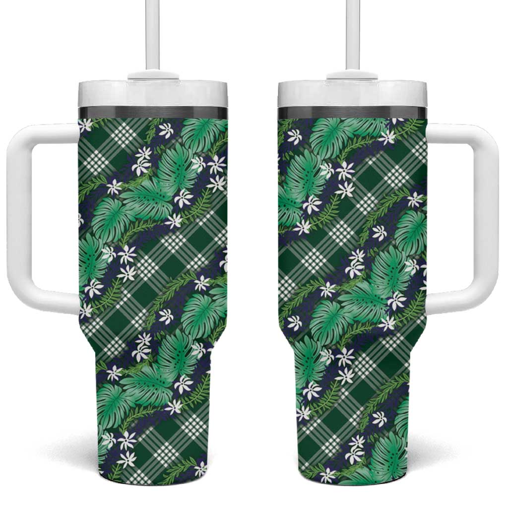 Polynesian Monstera Tiare Floral Tumbler With Handle Forest Green Tropical Plaid - Polynesian Pride