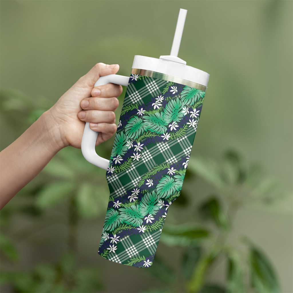 Polynesian Monstera Tiare Floral Tumbler With Handle Forest Green Tropical Plaid - Polynesian Pride