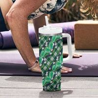 Polynesian Monstera Tiare Floral Tumbler With Handle Forest Green Tropical Plaid - Polynesian Pride