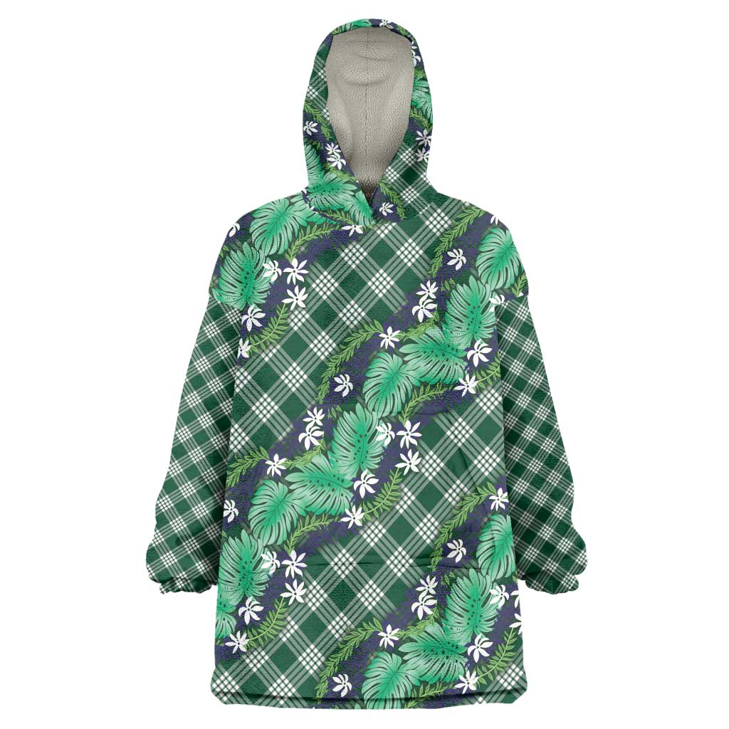 Polynesian Monstera Tiare Floral Wearable Blanket Hoodie Forest Green Tropical Plaid LT01 One Size Green - Polynesian Pride