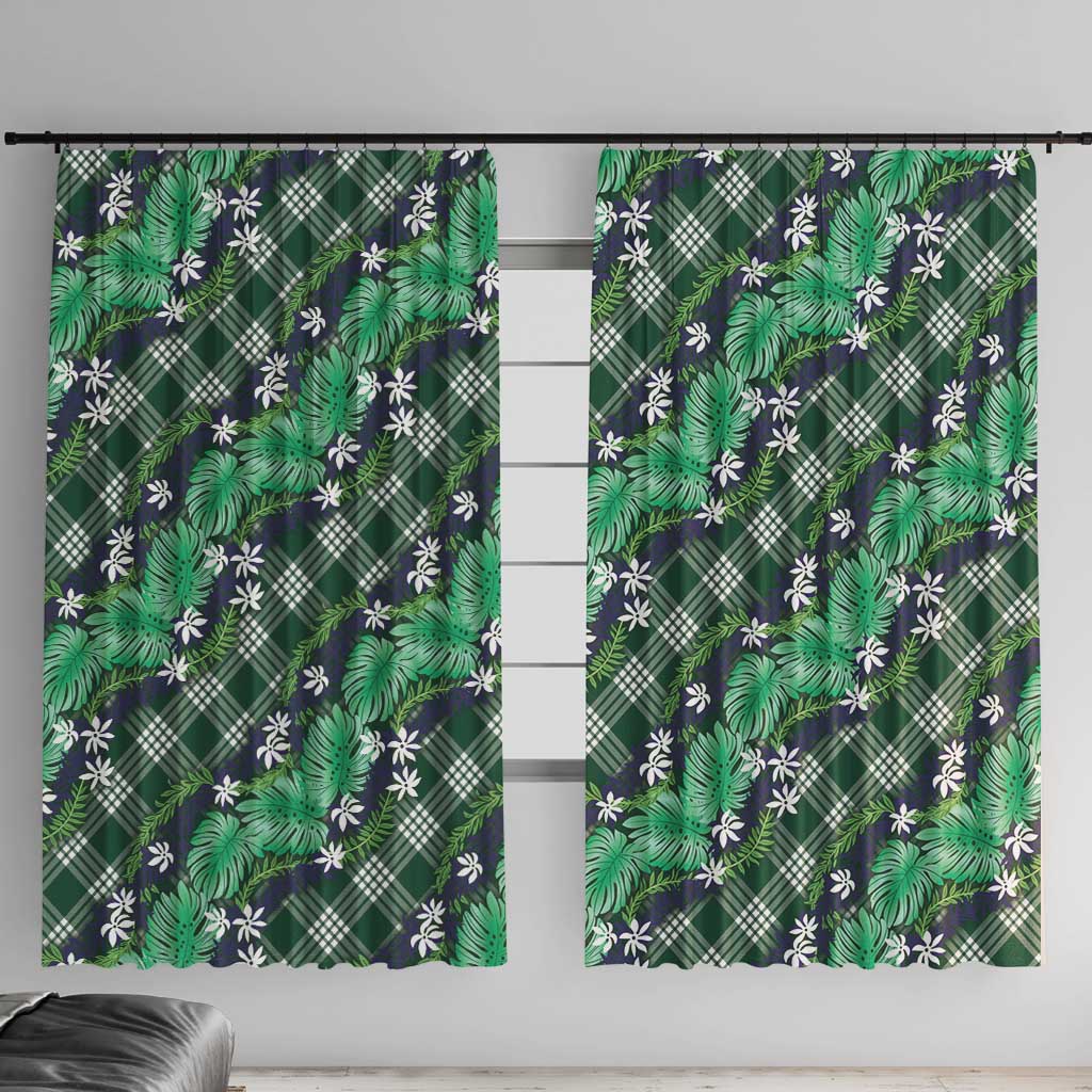 Polynesian Monstera Tiare Floral Window Curtain Forest Green Tropical Plaid - Polynesian Pride