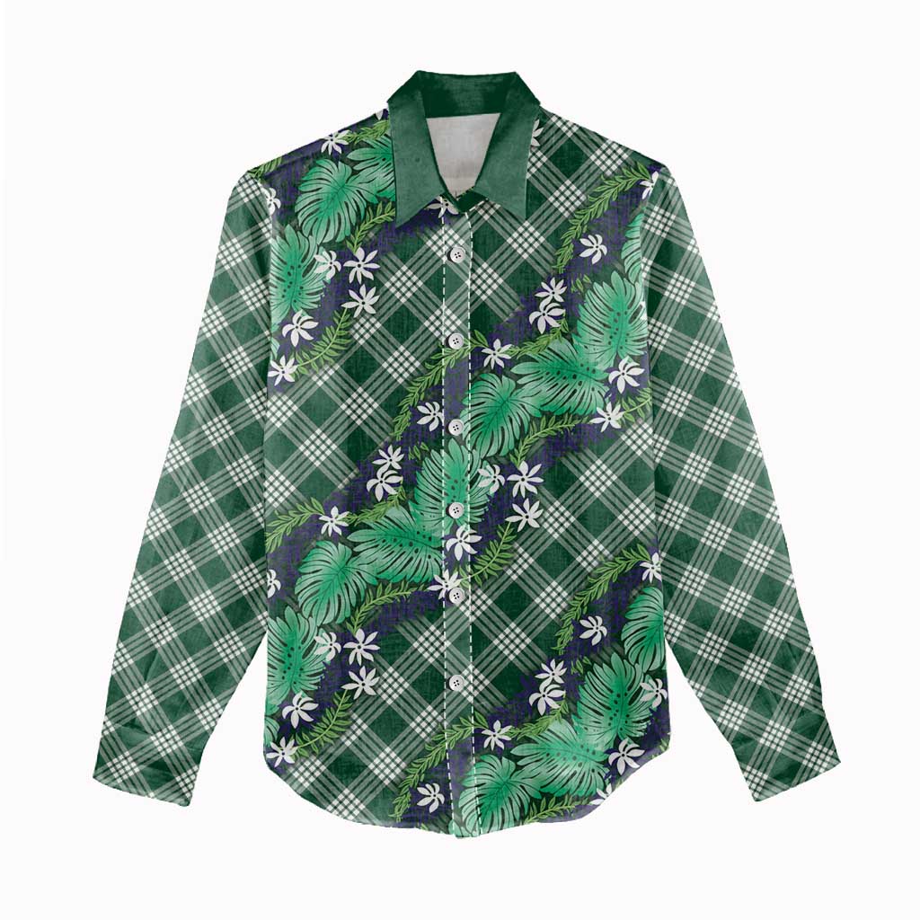 Polynesian Monstera Tiare Floral Women Casual Shirt Forest Green Tropical Plaid - Polynesian Pride