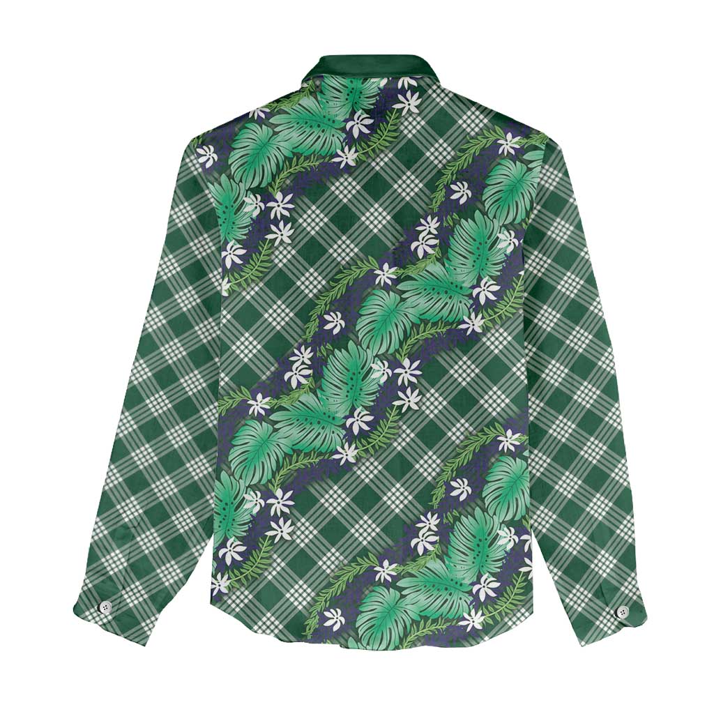 Polynesian Monstera Tiare Floral Women Casual Shirt Forest Green Tropical Plaid - Polynesian Pride