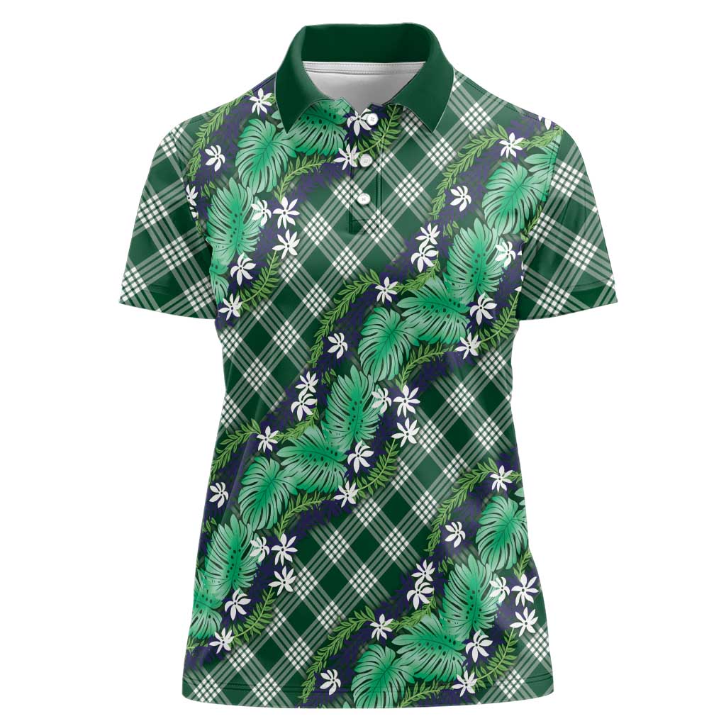 Polynesian Monstera Tiare Floral Women Polo Shirt Forest Green Tropical Plaid LT01 Female Green - Polynesian Pride
