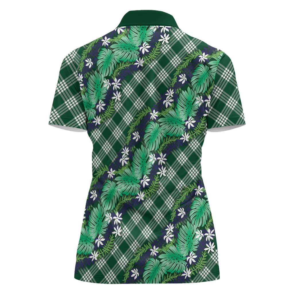 Polynesian Monstera Tiare Floral Women Polo Shirt Forest Green Tropical Plaid LT01 - Polynesian Pride