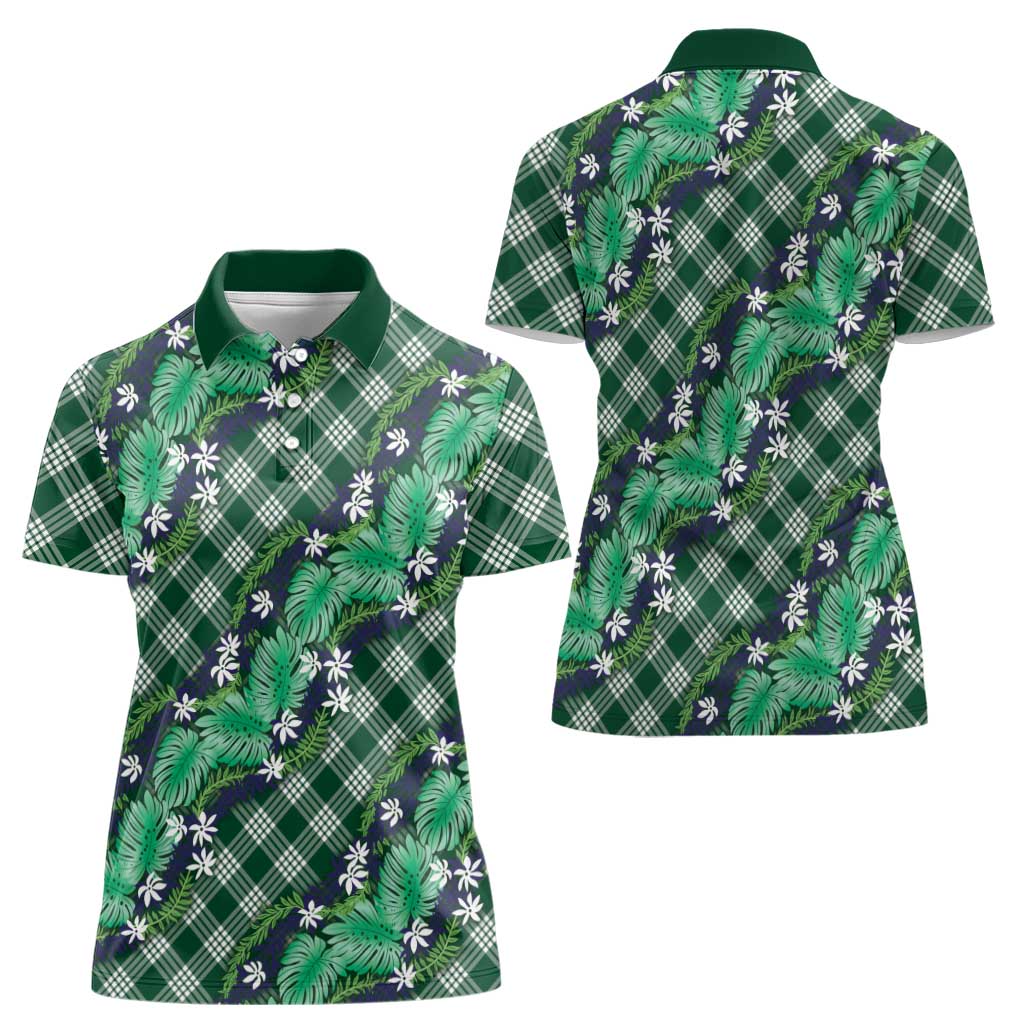 Polynesian Monstera Tiare Floral Women Polo Shirt Forest Green Tropical Plaid LT01 - Polynesian Pride