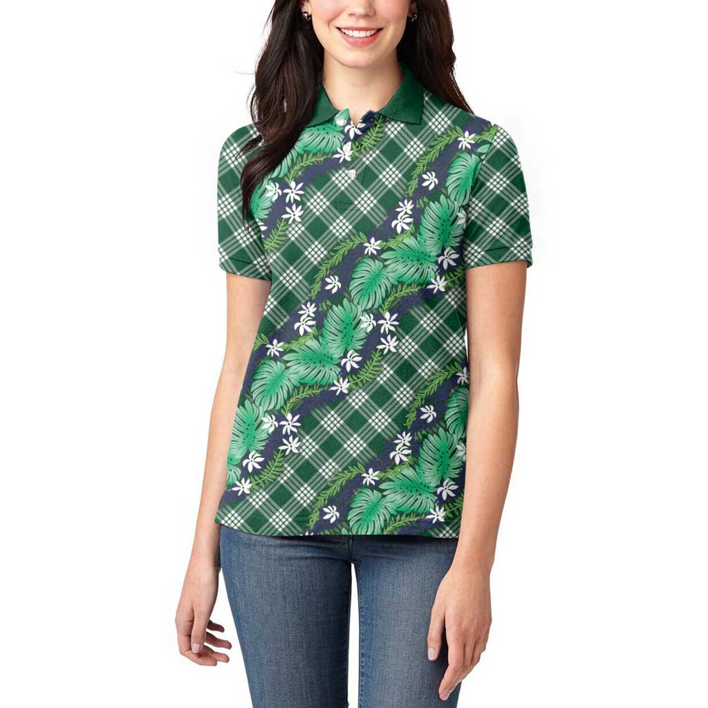 Polynesian Monstera Tiare Floral Women Polo Shirt Forest Green Tropical Plaid LT01 - Polynesian Pride