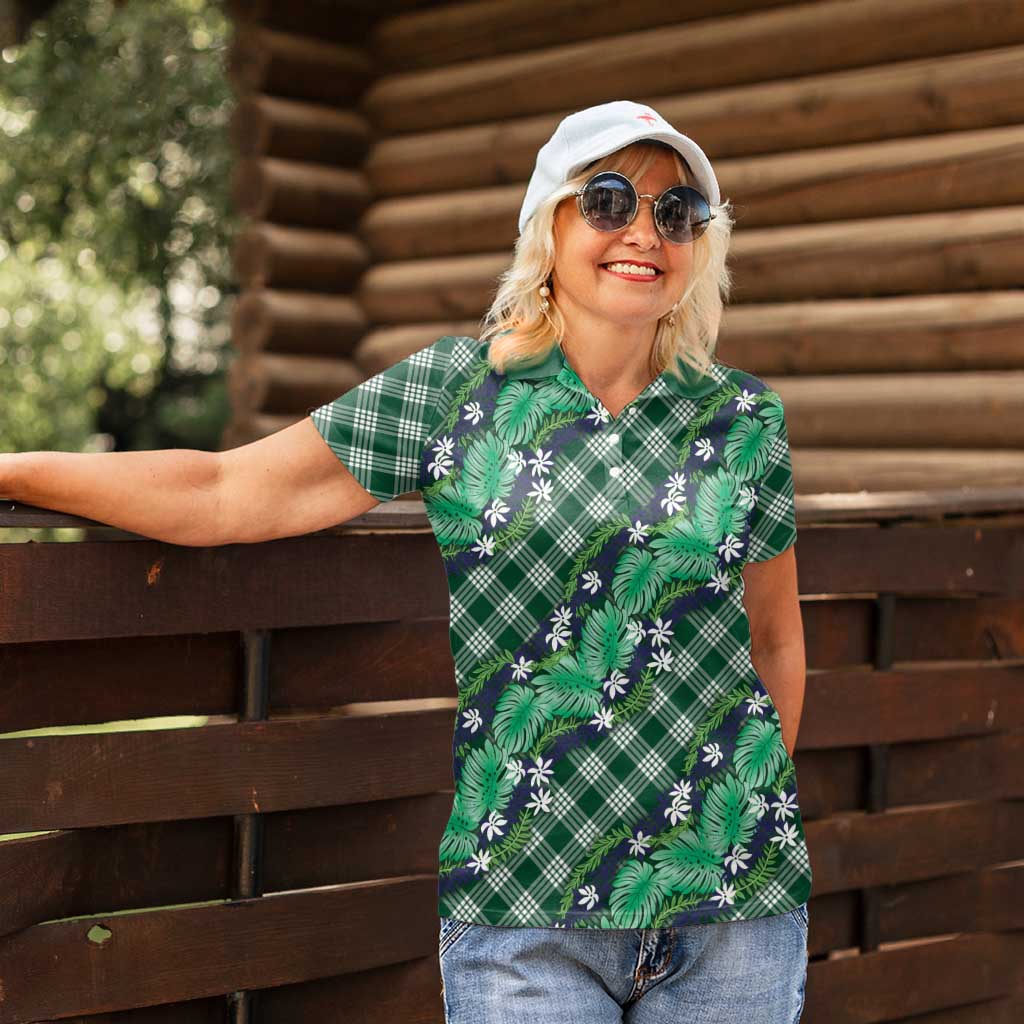 Polynesian Monstera Tiare Floral Women Polo Shirt Forest Green Tropical Plaid LT01 - Polynesian Pride