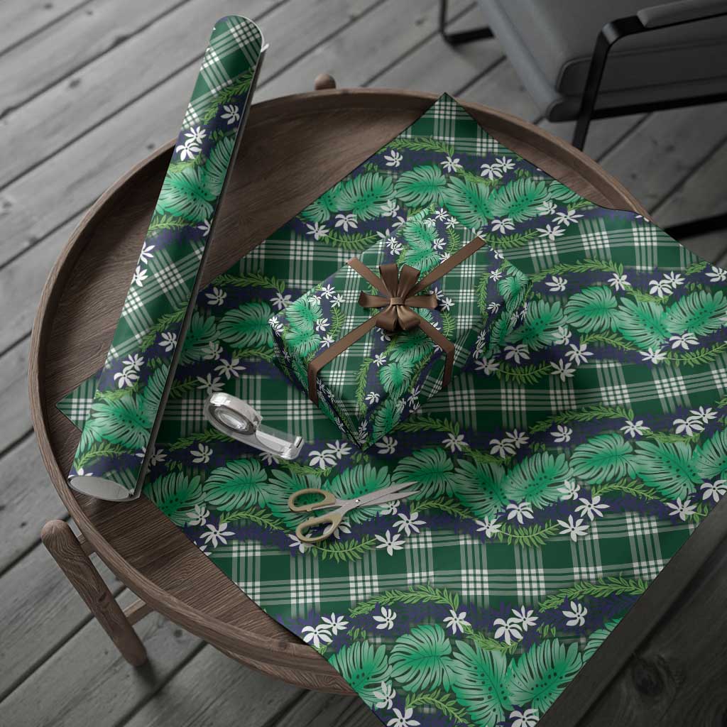 Polynesian Monstera Tiare Floral Wrapping Paper Forest Green Tropical Plaid LT01 - Polynesian Pride