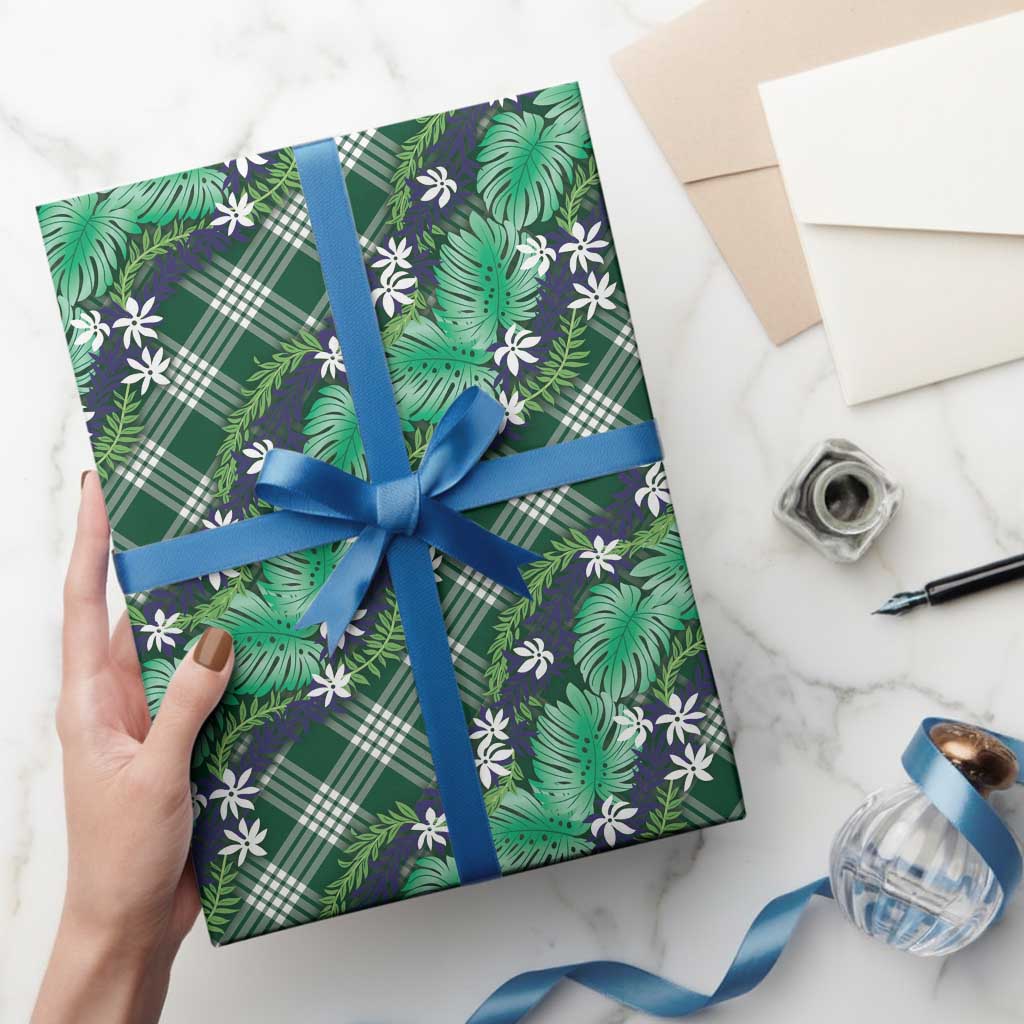 Polynesian Monstera Tiare Floral Wrapping Paper Forest Green Tropical Plaid LT01 - Polynesian Pride