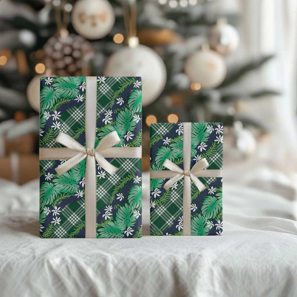 Polynesian Monstera Tiare Floral Wrapping Paper Forest Green Tropical Plaid LT01 - Polynesian Pride
