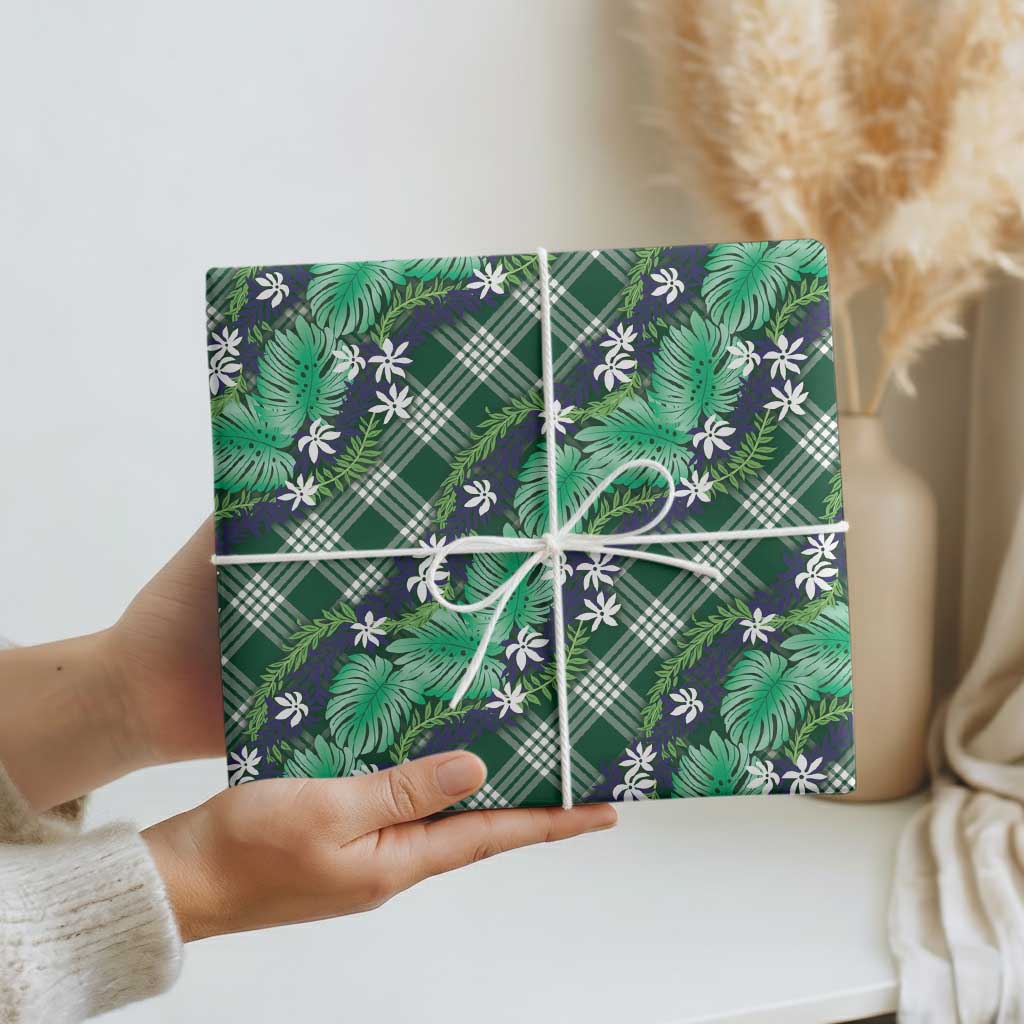 Polynesian Monstera Tiare Floral Wrapping Paper Forest Green Tropical Plaid LT01 - Polynesian Pride