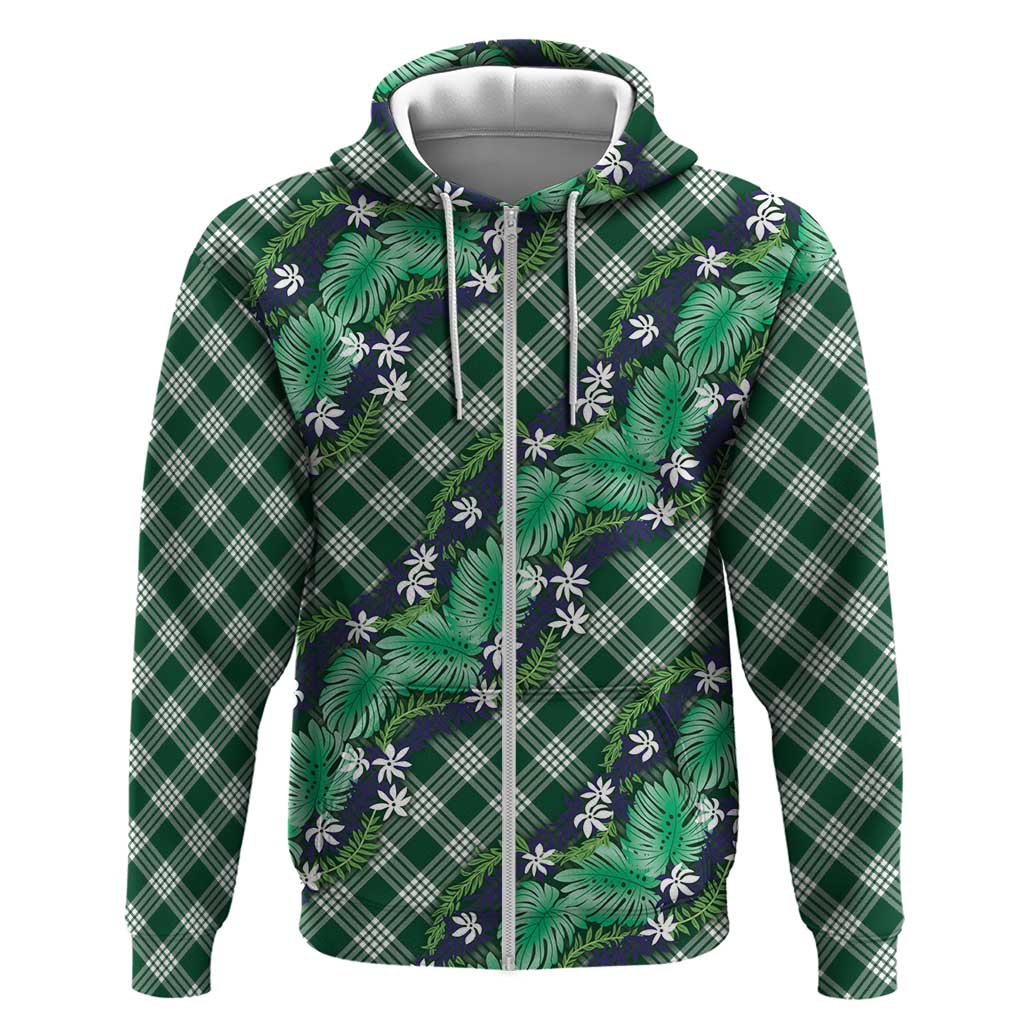 Polynesian Monstera Tiare Floral Zip Hoodie Forest Green Tropical Plaid LT01 Zip Hoodie Green - Polynesian Pride