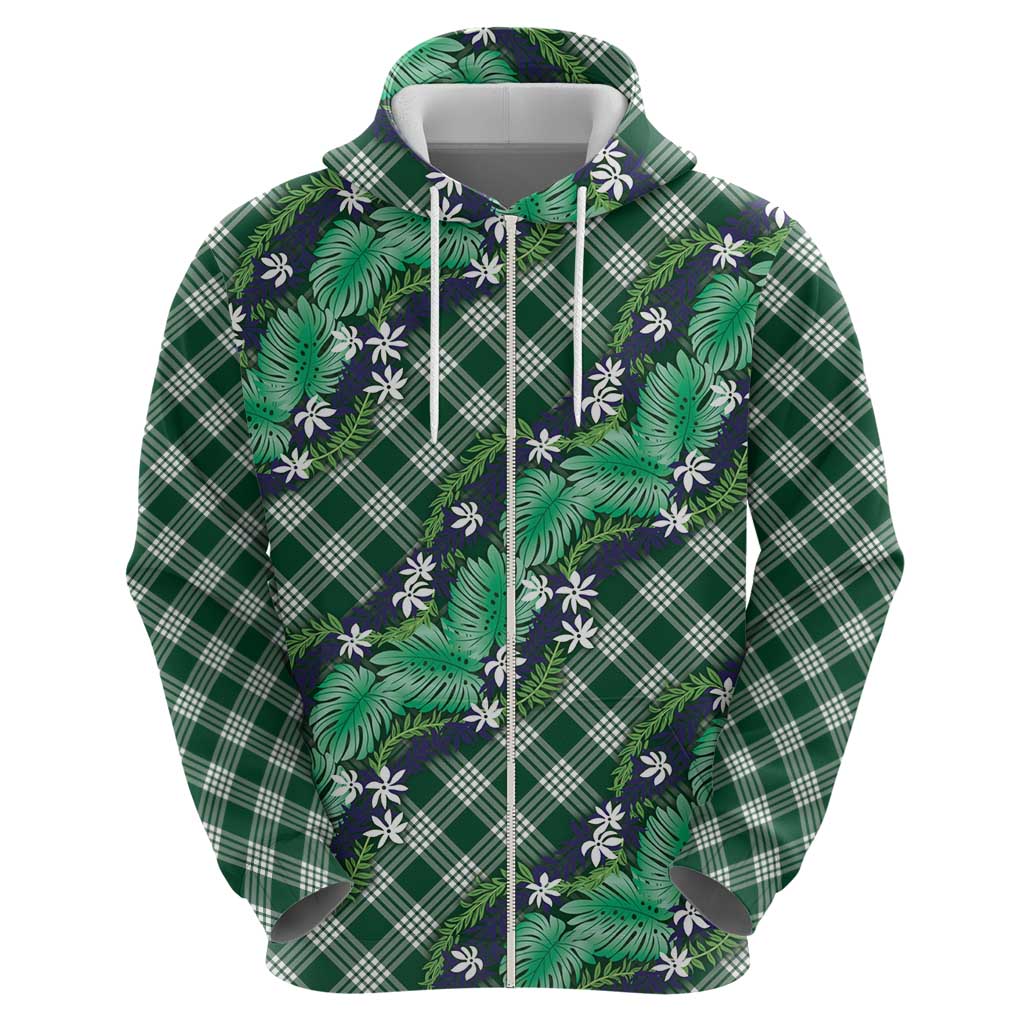 Polynesian Monstera Tiare Floral Zip Hoodie Forest Green Tropical Plaid LT01 - Polynesian Pride