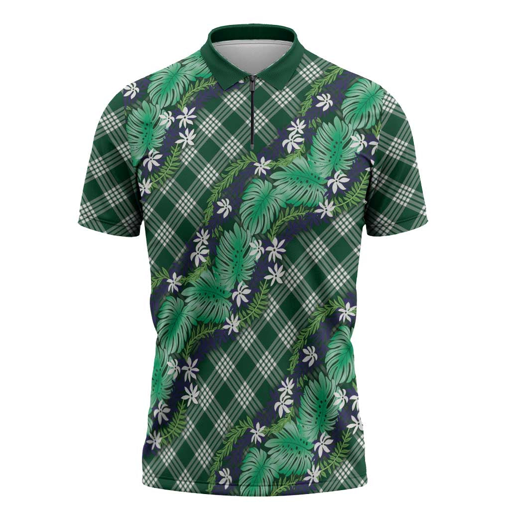 Polynesian Monstera Tiare Floral Zipper Polo Shirt Forest Green Tropical Plaid LT01 Green - Polynesian Pride