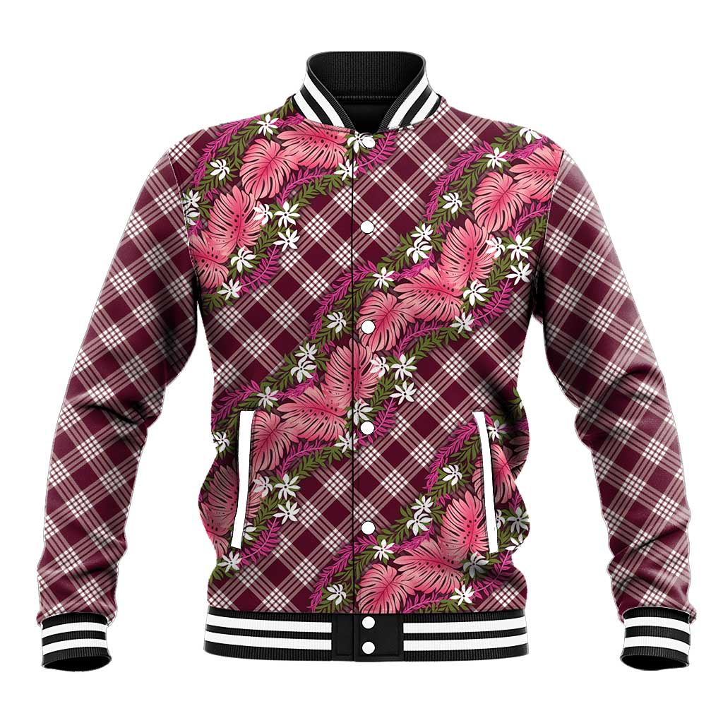 Polynesian Monstera Tiare Floral Baseball Jacket Fuchsia Tropical Plaid LT01 Unisex Pink - Polynesian Pride