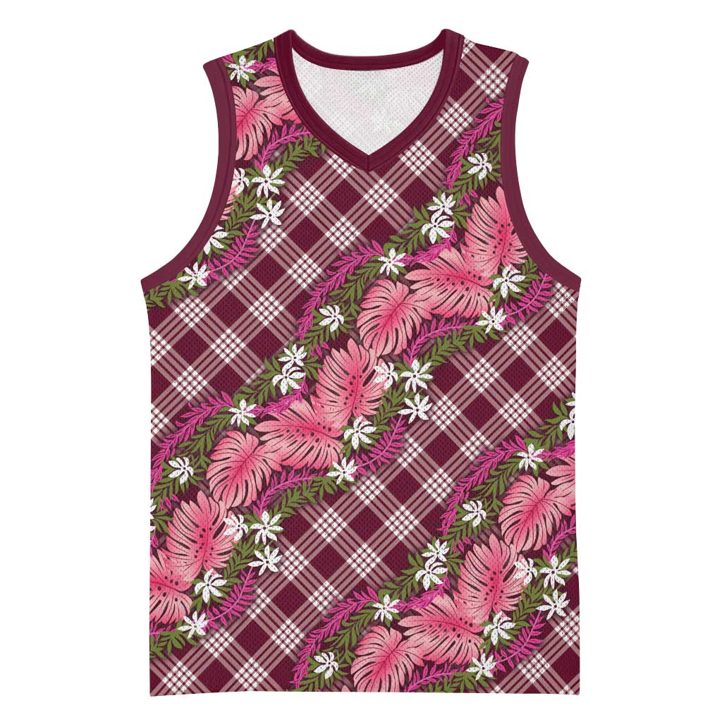 Polynesian Monstera Tiare Floral Basketball Jersey Fuchsia Tropical Plaid LT01 Unisex Pink - Polynesian Pride