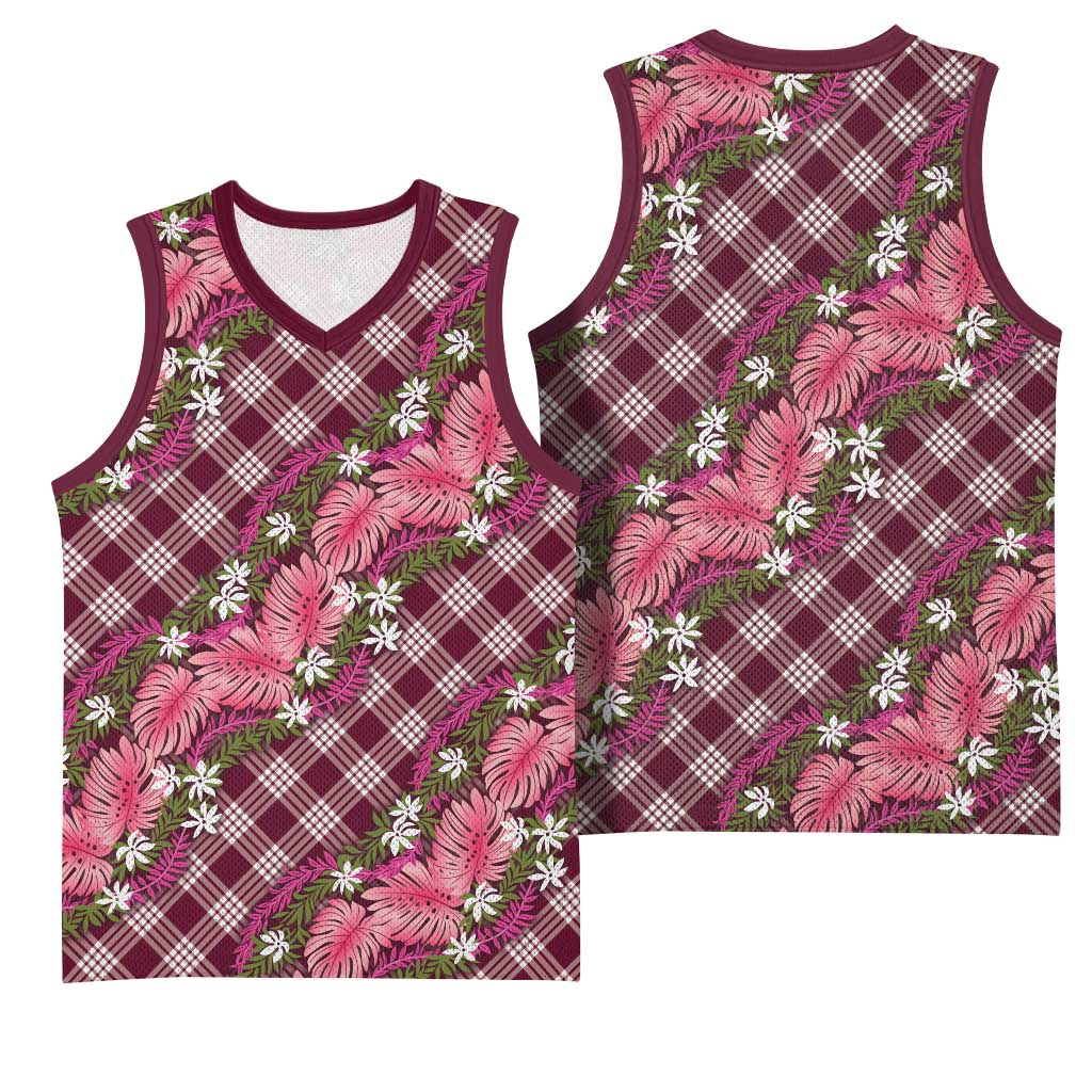 Polynesian Monstera Tiare Floral Basketball Jersey Fuchsia Tropical Plaid LT01 - Polynesian Pride