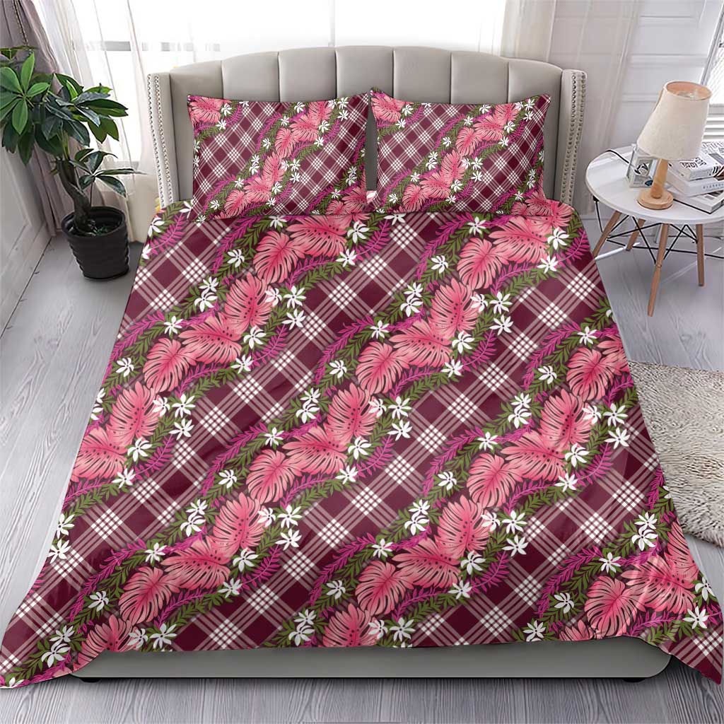 Polynesian Monstera Tiare Floral Bedding Set Fuchsia Tropical Plaid - Polynesian Pride
