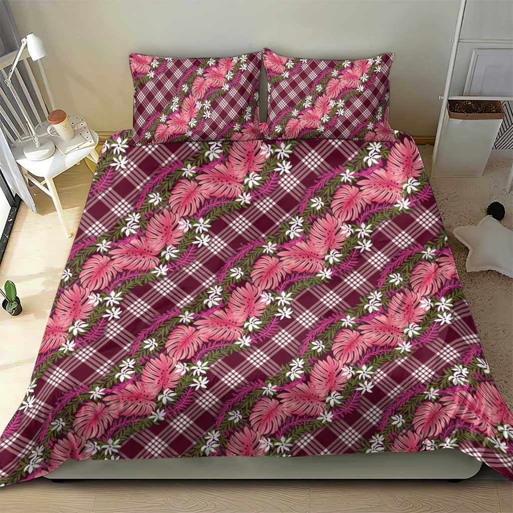Polynesian Monstera Tiare Floral Bedding Set Fuchsia Tropical Plaid - Polynesian Pride