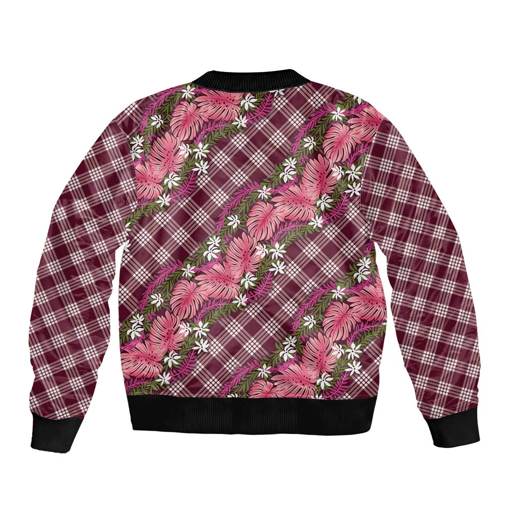 Polynesian Monstera Tiare Floral Bomber Jacket Fuchsia Tropical Plaid - Polynesian Pride