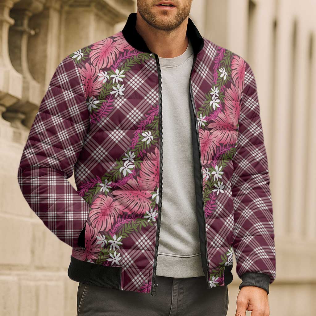 Polynesian Monstera Tiare Floral Bomber Puffer Jacket Fuchsia Tropical Plaid LT01 - Polynesian Pride