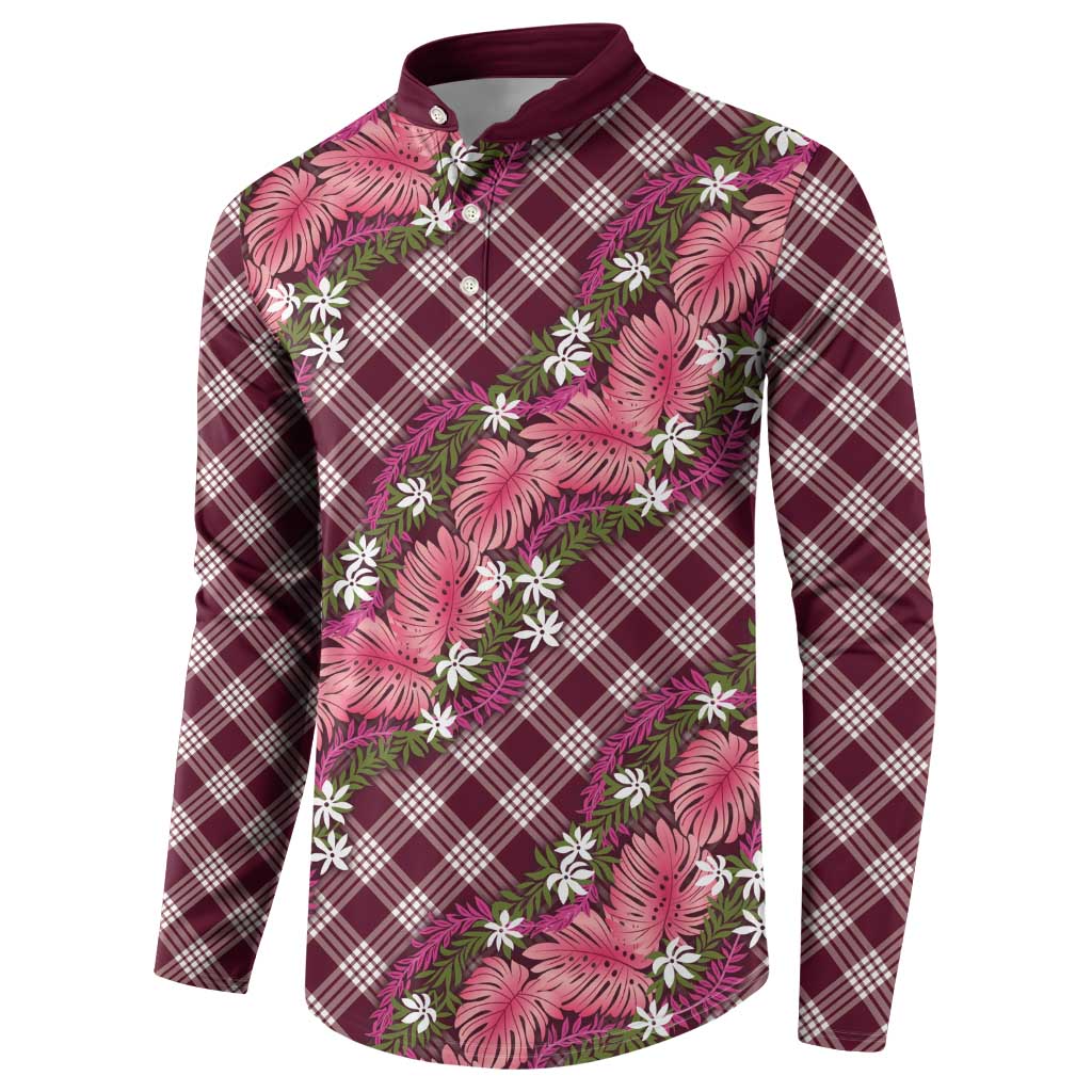 Polynesian Monstera Tiare Floral Button Sweatshirt Fuchsia Tropical Plaid LT01 - Polynesian Pride