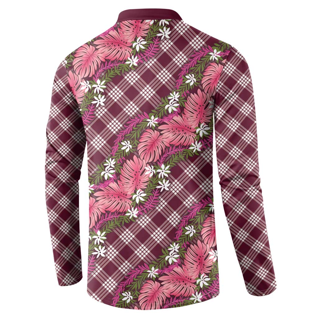 Polynesian Monstera Tiare Floral Button Sweatshirt Fuchsia Tropical Plaid LT01 - Polynesian Pride