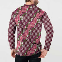 Polynesian Monstera Tiare Floral Button Sweatshirt Fuchsia Tropical Plaid LT01 - Polynesian Pride