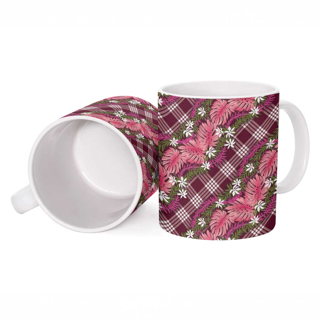 Polynesian Monstera Tiare Floral Ceramic Mug Fuchsia Tropical Plaid LT01 - Polynesian Pride
