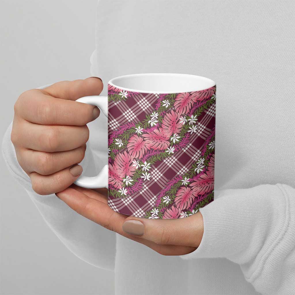 Polynesian Monstera Tiare Floral Ceramic Mug Fuchsia Tropical Plaid LT01 - Polynesian Pride