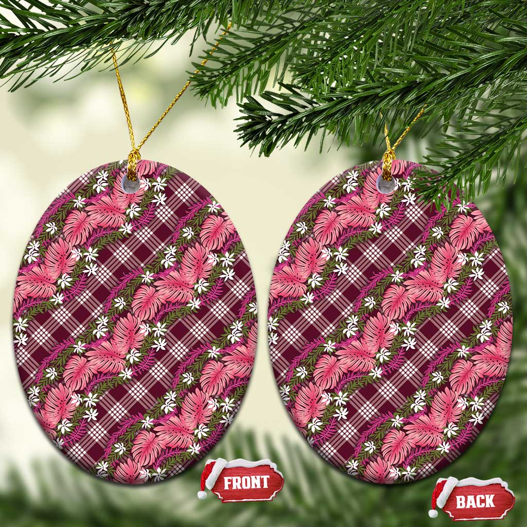 Polynesian Monstera Tiare Floral Ceramic Ornament Fuchsia Tropical Plaid LT01 Oval Pink - Polynesian Pride