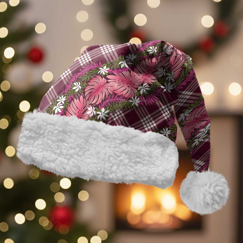 Polynesian Monstera Tiare Floral Christmas Santa Hat Fuchsia Tropical Plaid LT01 With Fur Pink - Polynesian Pride
